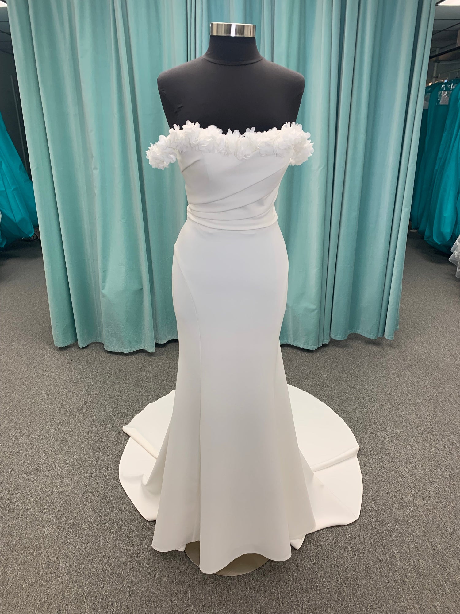Off the Shoulder Fitted with 3D Floral Neckline Wedding Dress Ready To Wed Bridal Off the Shoulder Fitted with 3D Floral Neckline Wedding Dress Ready To Wed Bridal