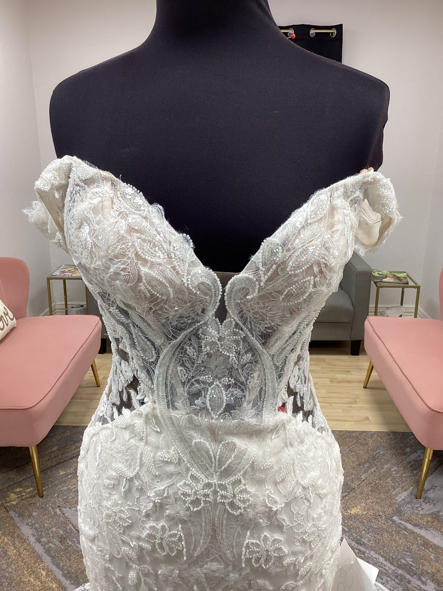 Beaded Lace Off the Shoulder Fit and Flare Wedding Dress