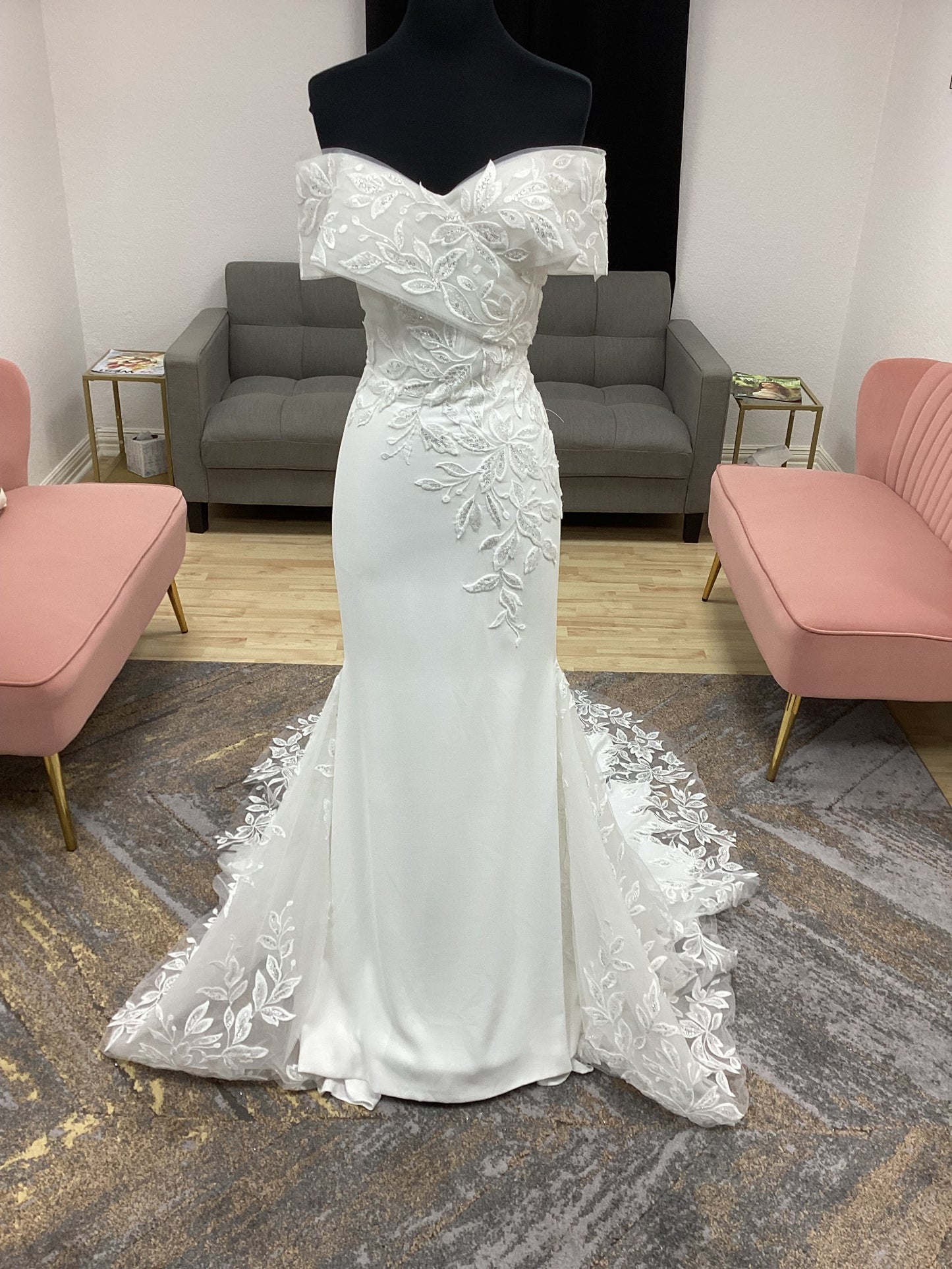 Fitted Off the Shoulder Lace and Crepe Wedding Dress