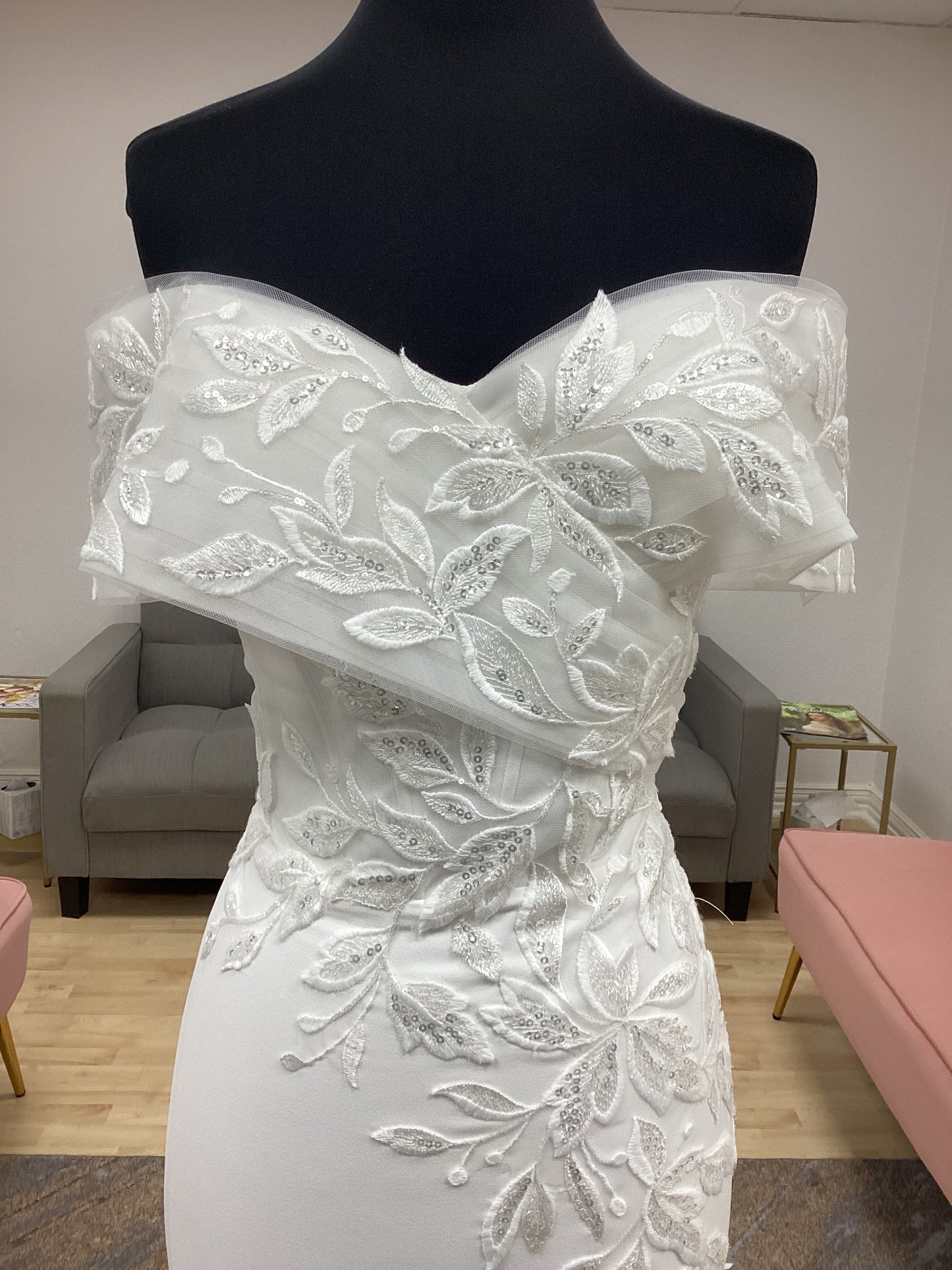 Fitted Off the Shoulder Lace and Crepe Wedding Dress