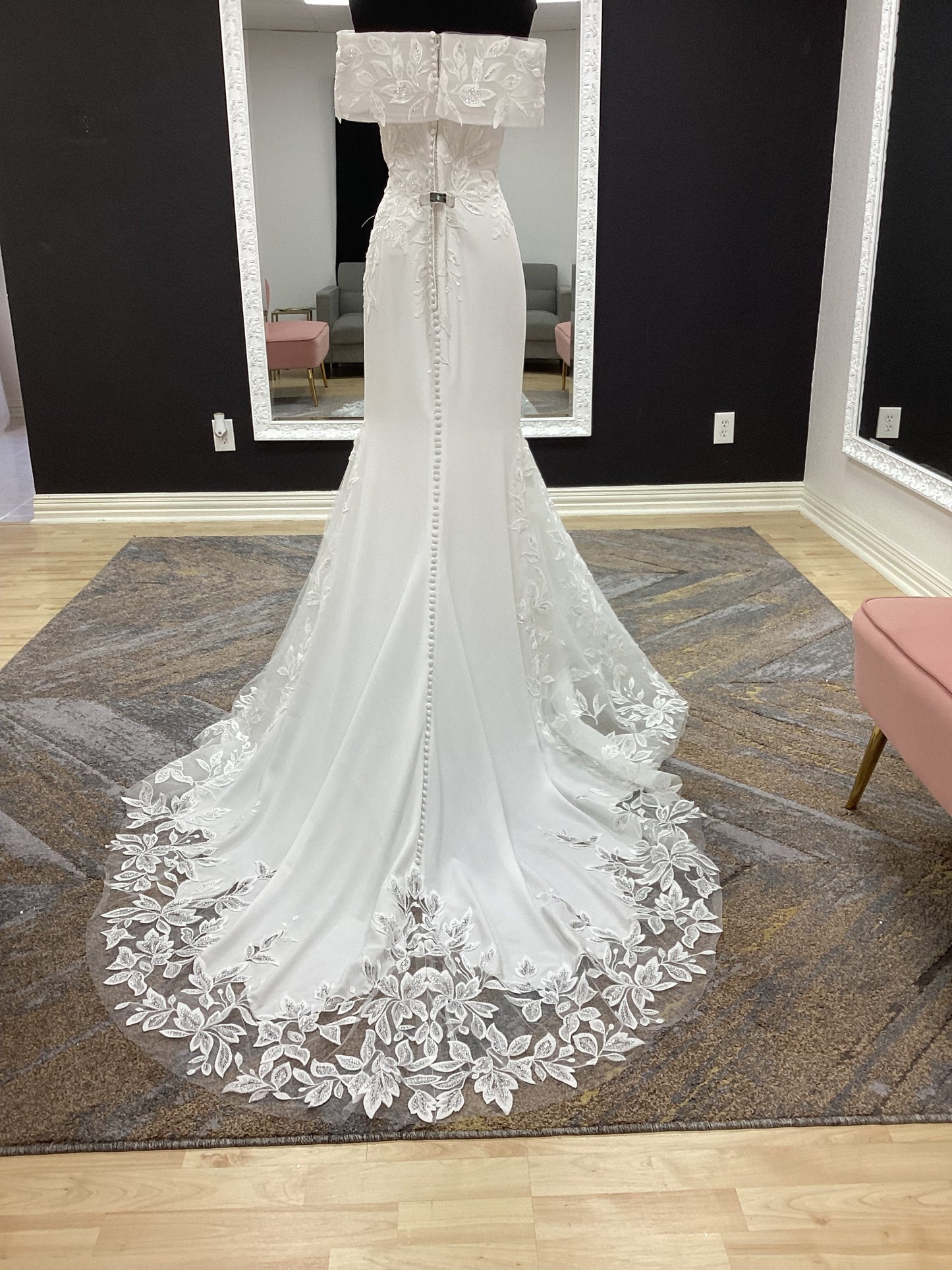 Fitted Off the Shoulder Lace and Crepe Wedding Dress