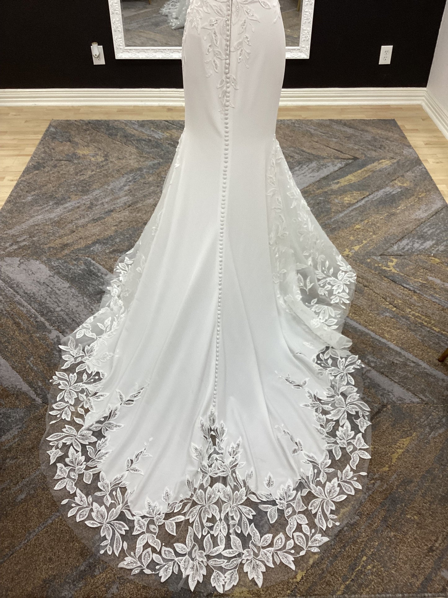 Fitted Off the Shoulder Lace and Crepe Wedding Dress