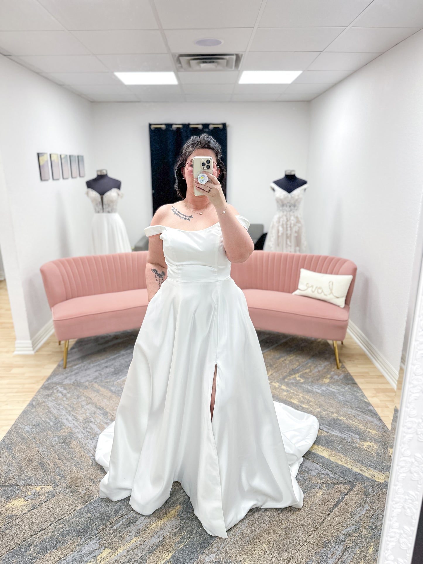 Off the Shoulder A-Line Wedding Dress High Slit Soft Satin Scoop Neck