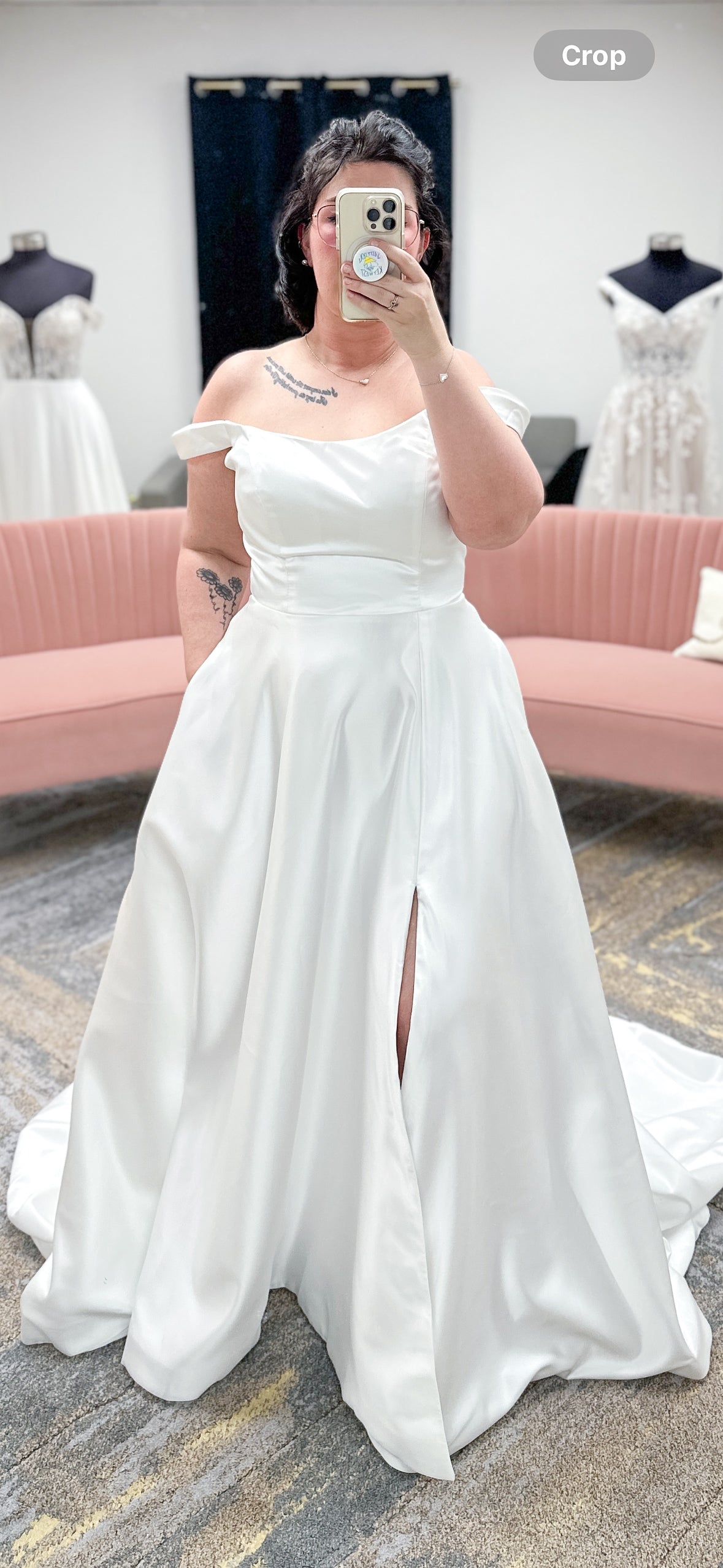 Off the Shoulder A-Line Wedding Dress High Slit Soft Satin Scoop Neck