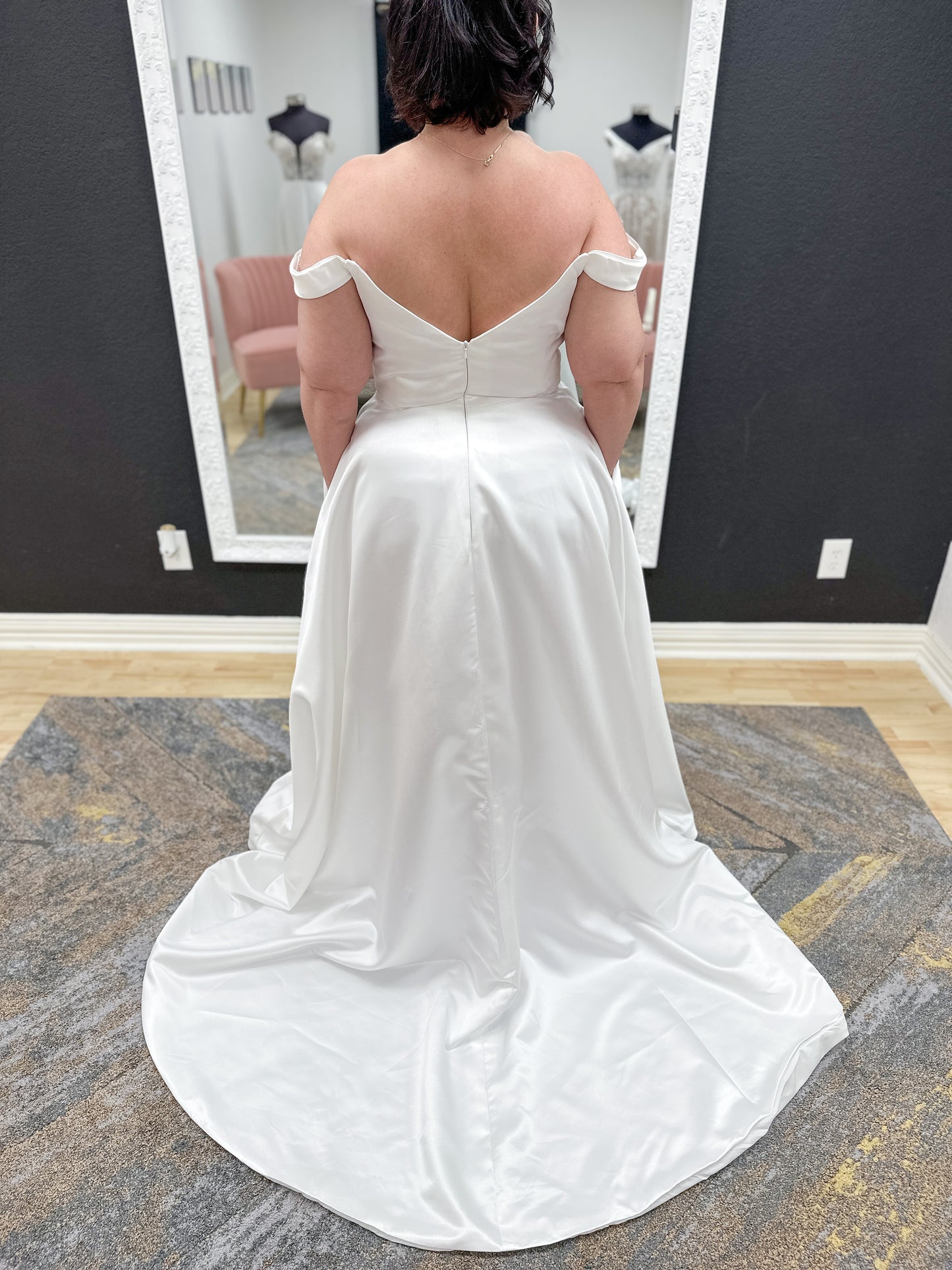 Off the Shoulder A-Line Wedding Dress High Slit Soft Satin Scoop Neck