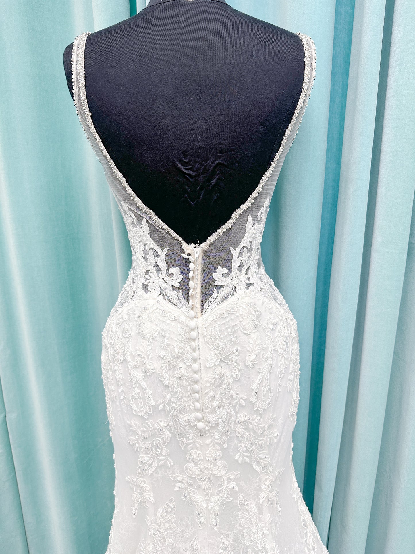 Morilee Style 2139 Sofia Deep V-Neck Fit and Flare Wedding Dress with Alençon Lace and Crystal Trim
