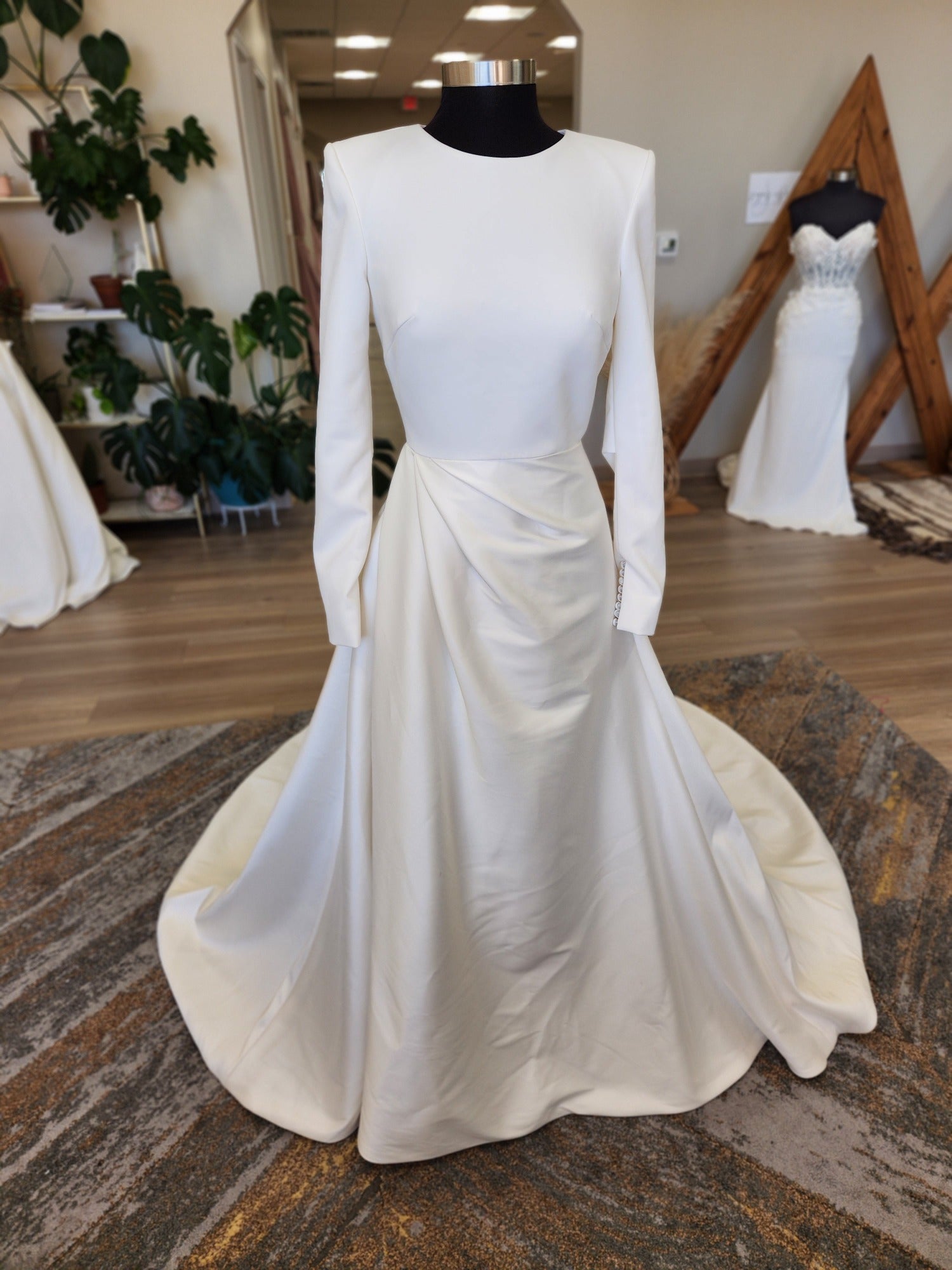 Clean and Classic High Neck Long Sleeve Open Back Wedding Dress