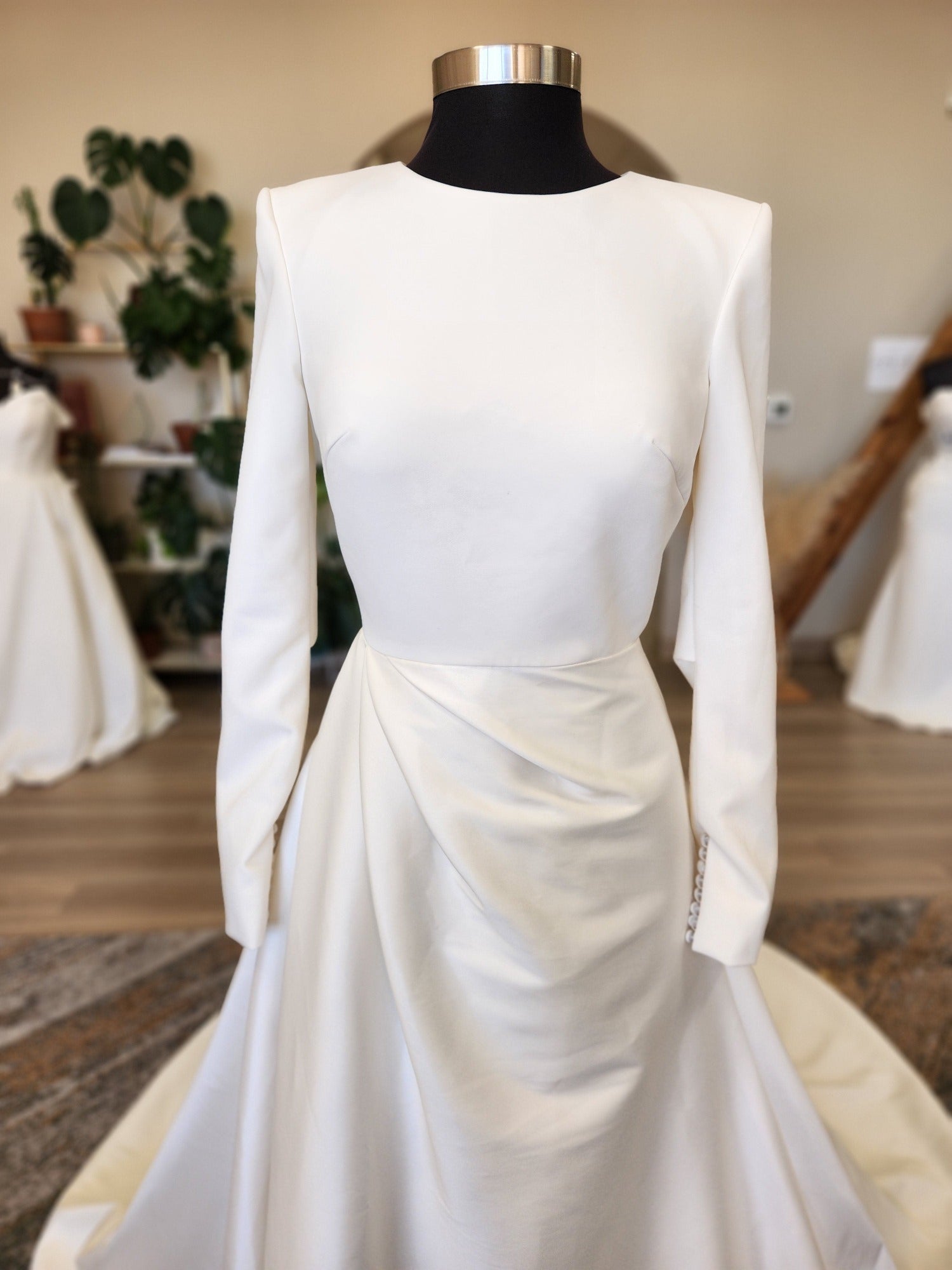 Clean and Classic High Neck Long Sleeve Open Back Wedding Dress