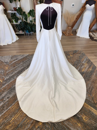 JustinClean and Classic High Neck Long Sleeve Open Back Wedding Dress