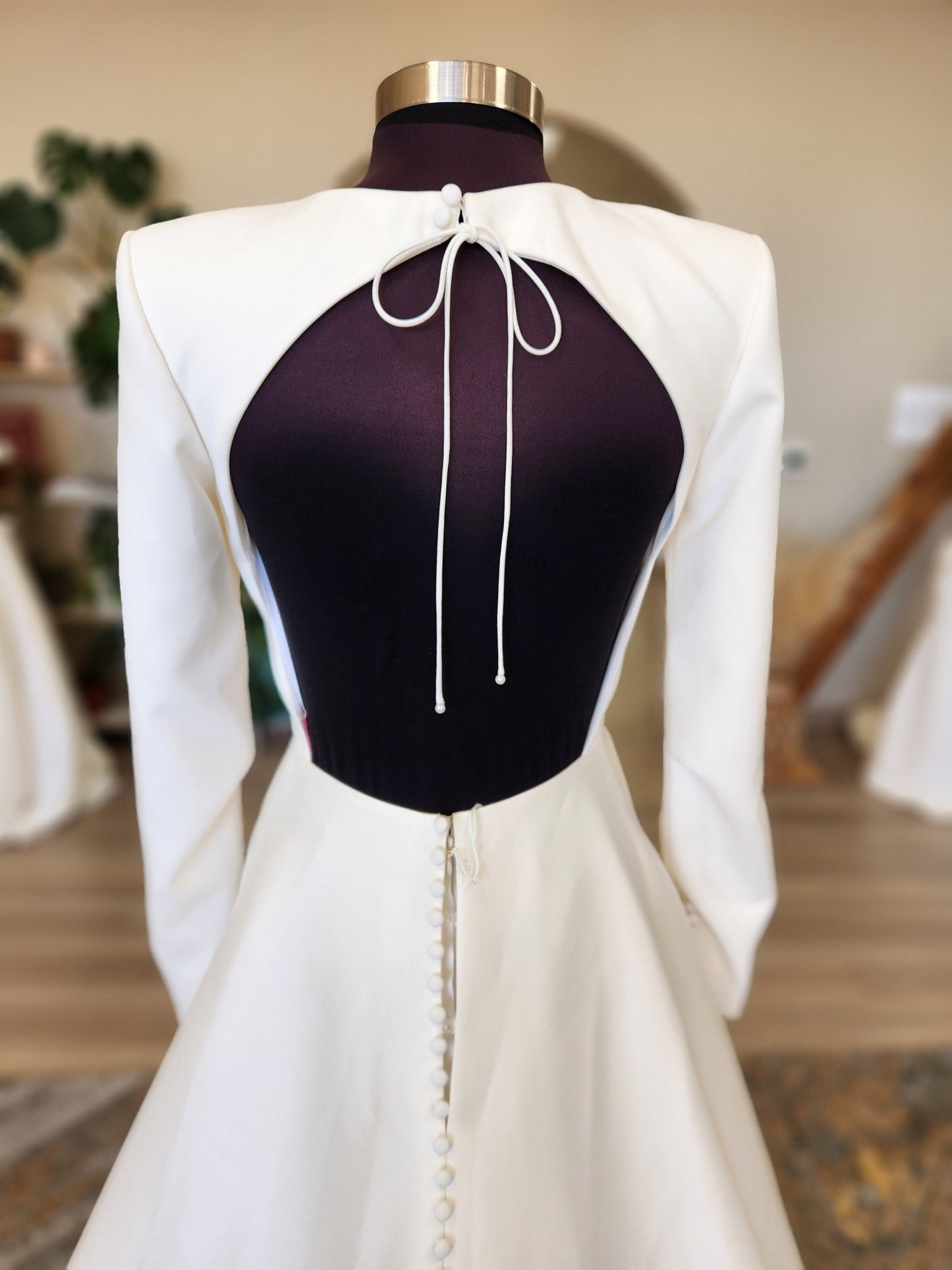 Clean and Classic High Neck Long Sleeve Open Back Wedding Dress