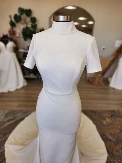 Clean and Classic Short Sleeve Open Back Wedding Dress