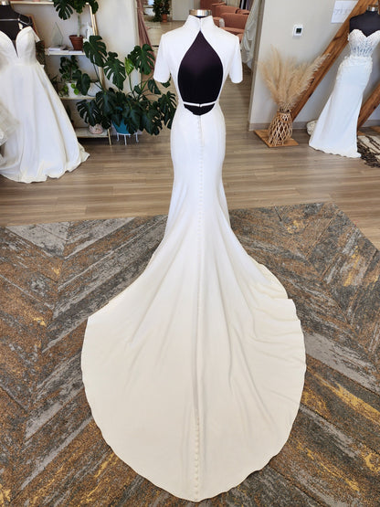 Clean and Classic Short Sleeve Open Back Wedding Dress