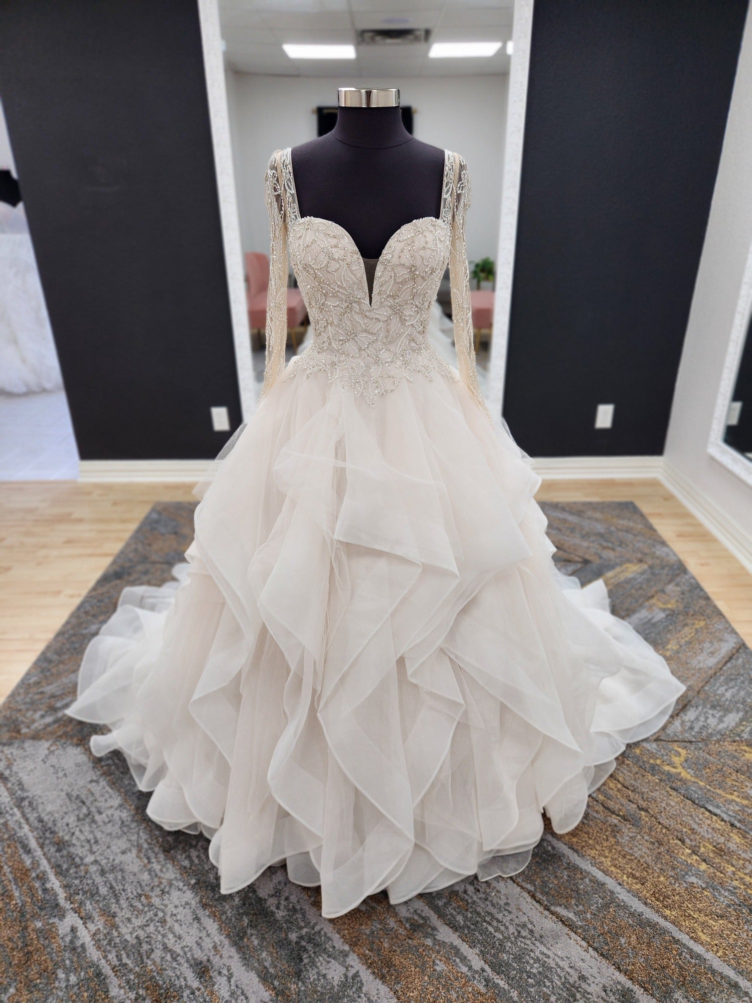 Beaded Long Sleeve Wedding Dress with Ruffles