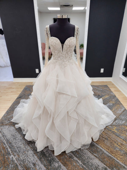 Beaded Long Sleeve Wedding Dress with Ruffles