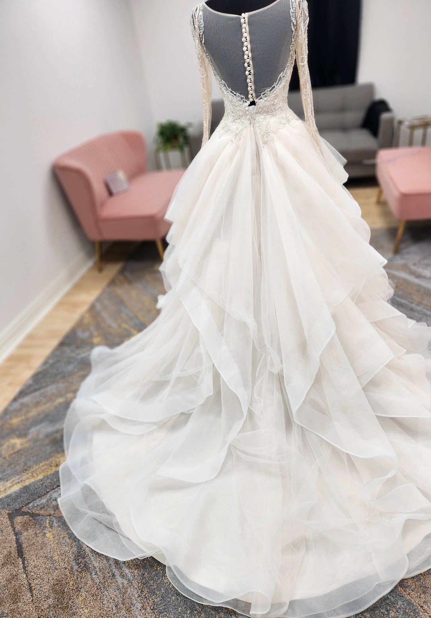 Beaded Long Sleeve Wedding Dress with Ruffles