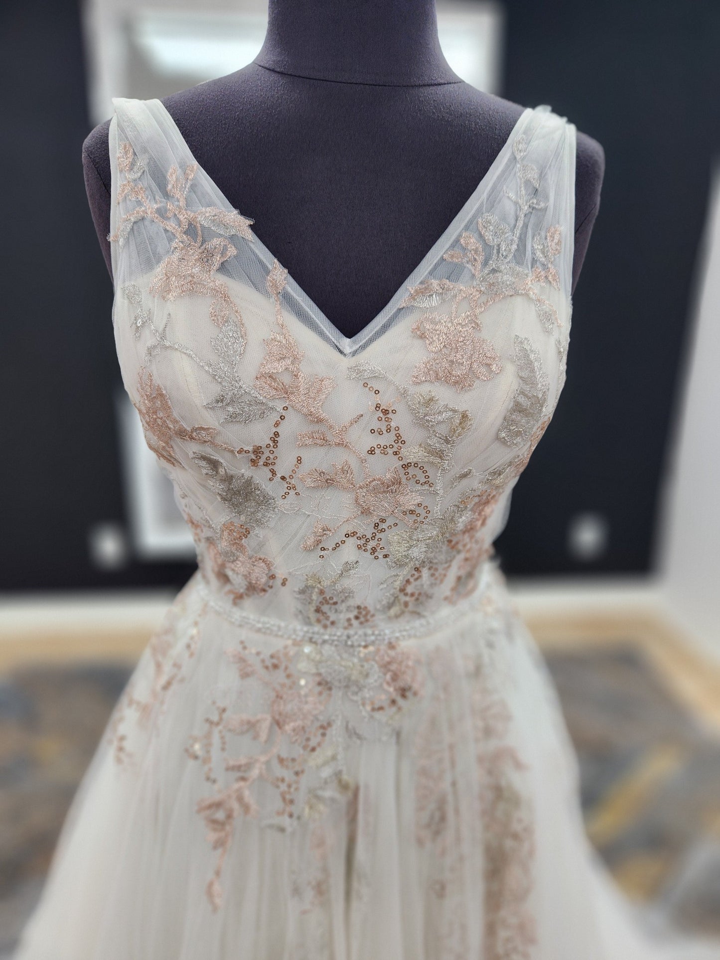 Multi Colored Metallic Floral Lace Wedding Dress