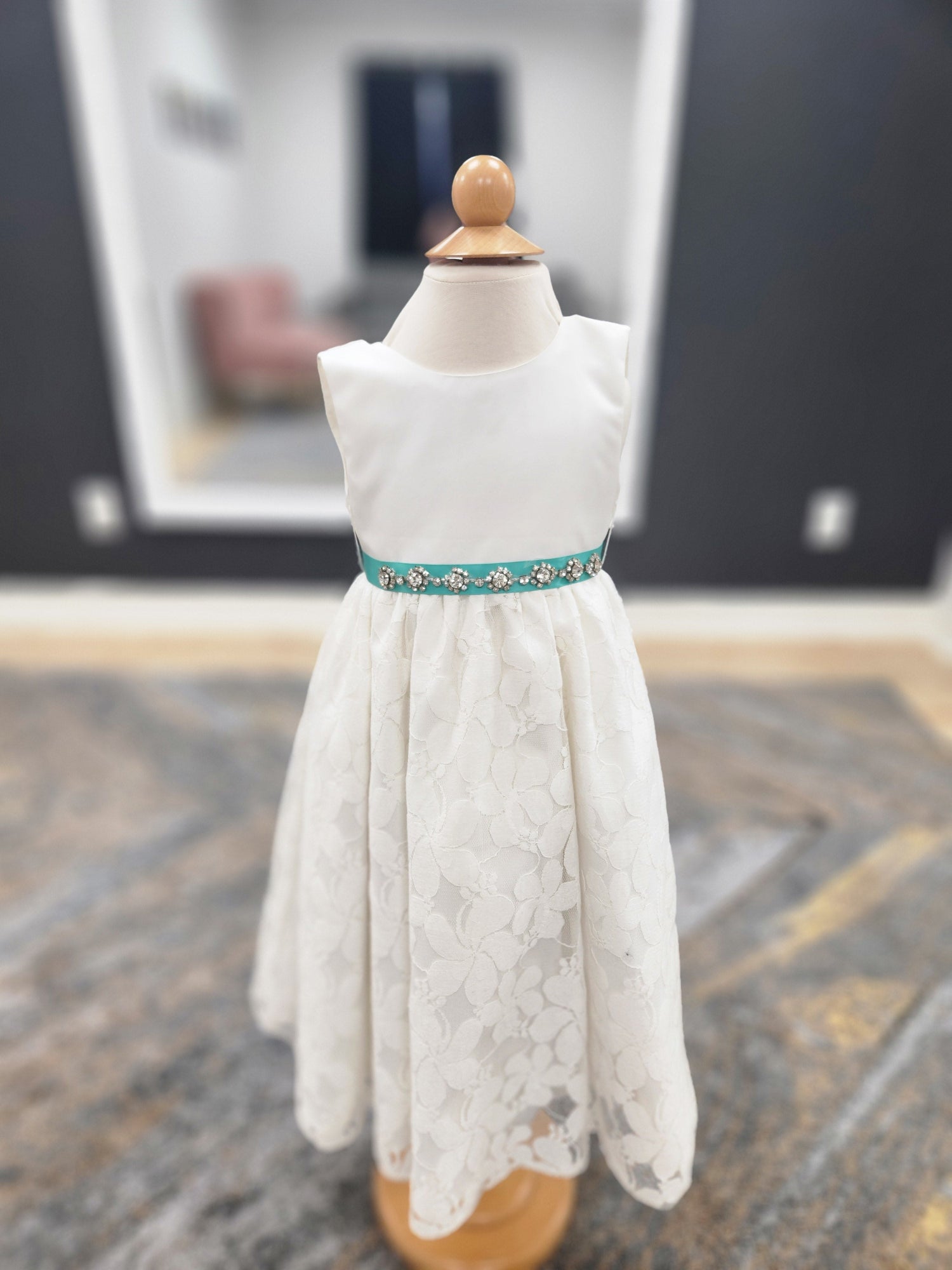Lace skirt turquoise belt Flowergirl Dress
