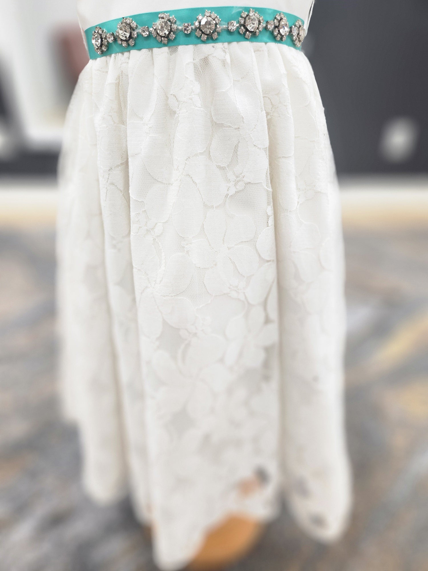 Lace skirt turquoise belt Flowergirl Dress