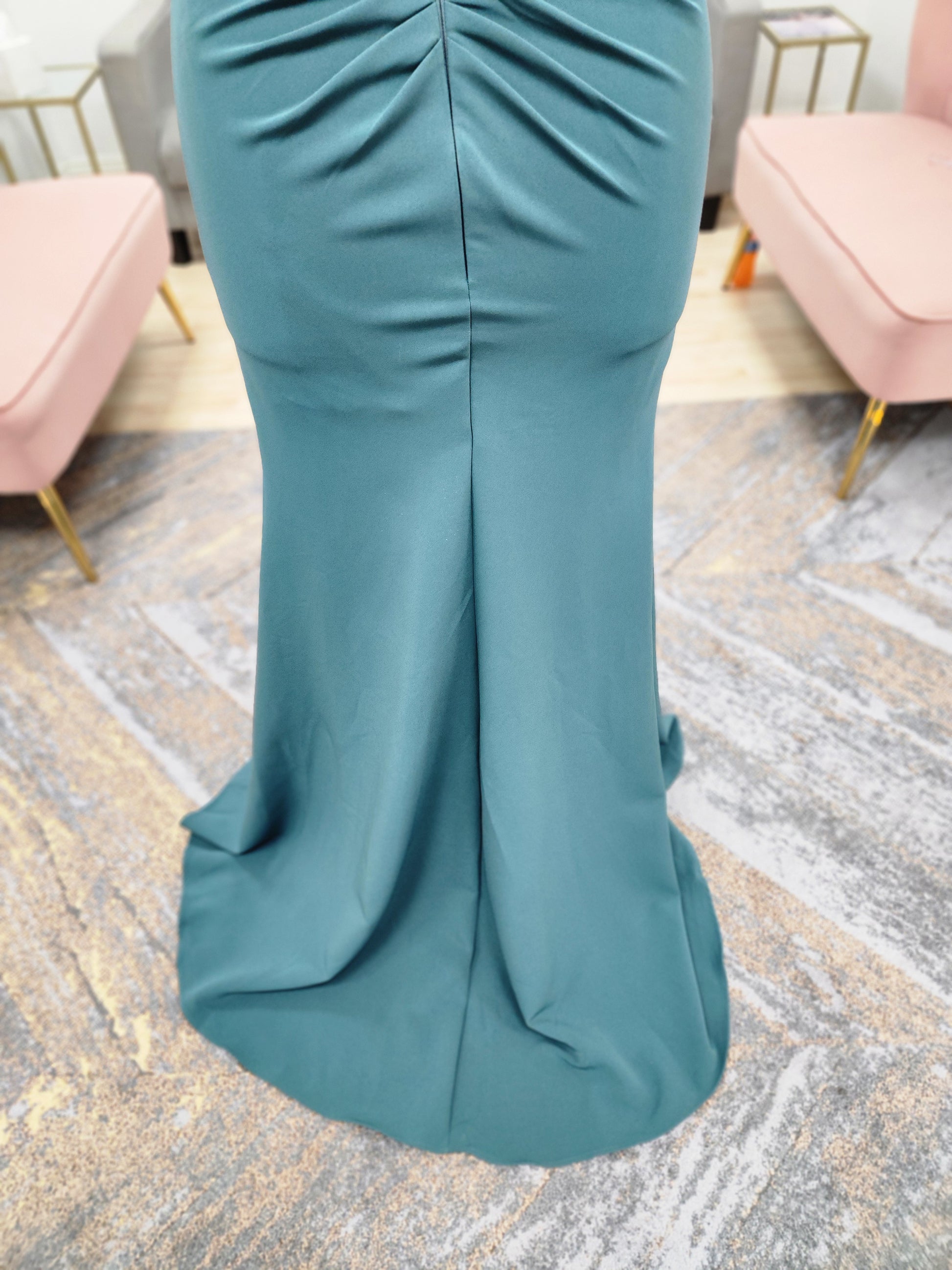 Morilee MGNY 72827 off-the-shoulder scuba crepe mother of the bride gown with draped bodice, cascading ruffle slit, and fitted mermaid silhouette.