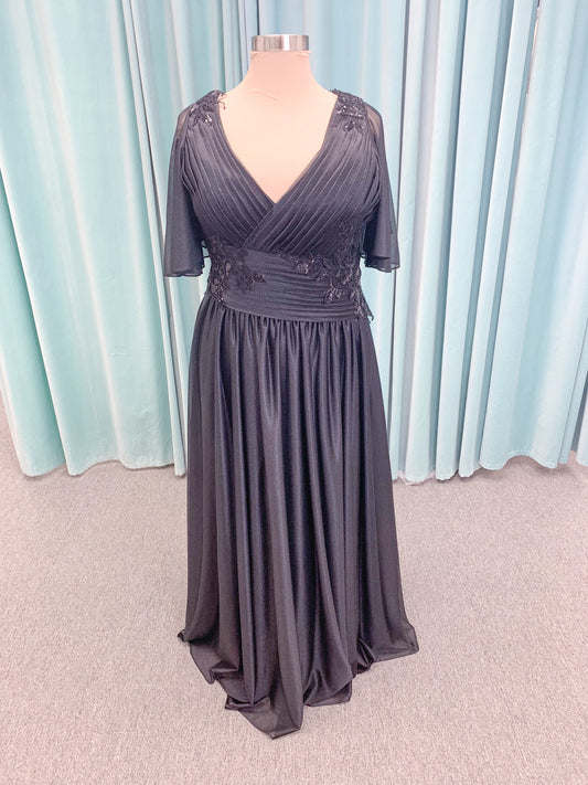 Morilee MLNY 73102 plus size A-line mother of the bride dress on mannequin with asymmetrically draped V-neck bodice, flutter sleeves, embroidered beaded appliques, and shimmer mesh A-line skirt