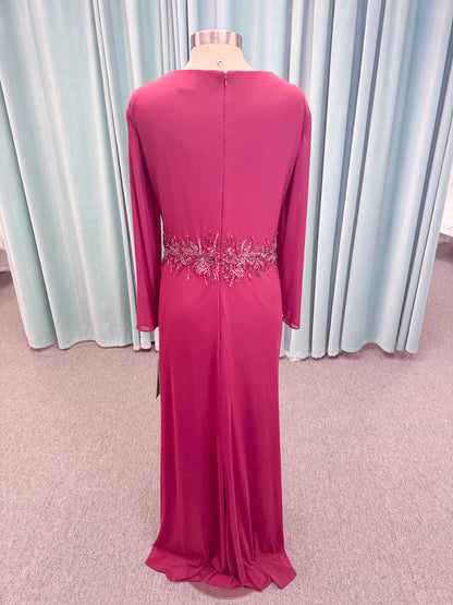 Morilee MLNY 73175 fit and flare mother of the bride dress on mannequin with draped V-neckline, long sleeves, beaded appliques, beaded waist, and slit skirt