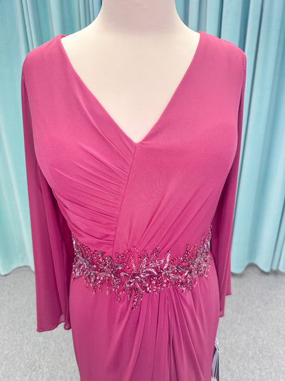 Morilee MLNY 73175 fit and flare mother of the bride dress on mannequin with draped V-neckline, long sleeves, beaded appliques, beaded waist, and slit skirt