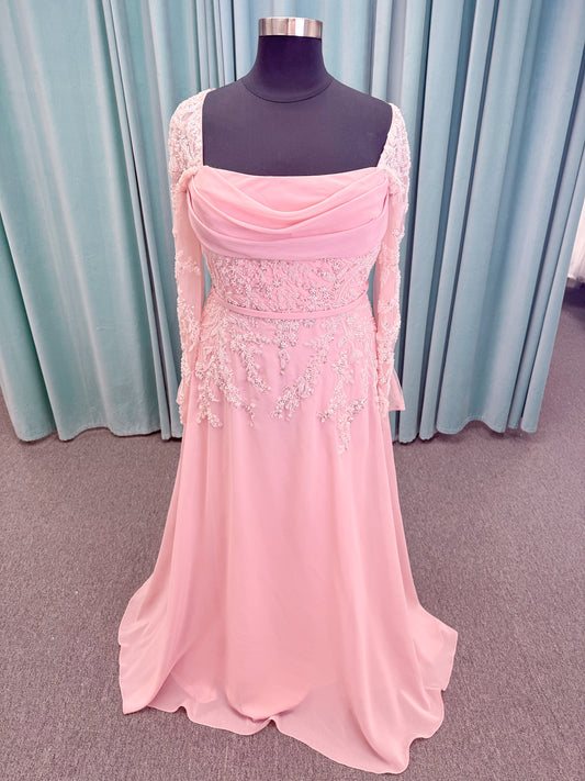  Morilee MLNY 73185 plus size A-line mother of the bride dress on mannequin with square neckline, draped chiffon bodice, sheer illusion long sleeves, beaded appliques, detachable self-belt, and flowing A-line skirt
