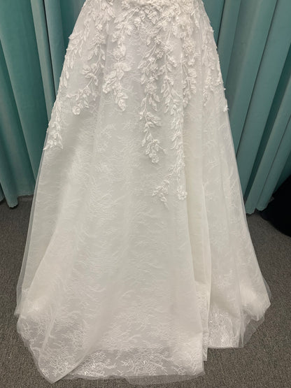 Morilee Style 2736 botanical A-line wedding dress with plunging v-neckline, beaded trim, 3D embroidered lace over Chantilly lace, and open v-back