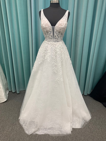 Morilee Style 2736 botanical A-line wedding dress with plunging v-neckline, beaded trim, 3D embroidered lace over Chantilly lace, and open v-back
