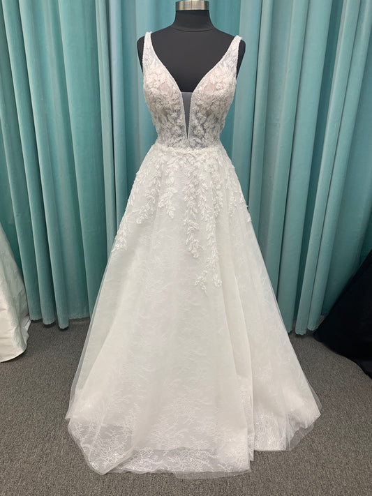 Morilee Style 2736 botanical A-line wedding dress with plunging v-neckline, beaded trim, 3D embroidered lace over Chantilly lace, and open v-back