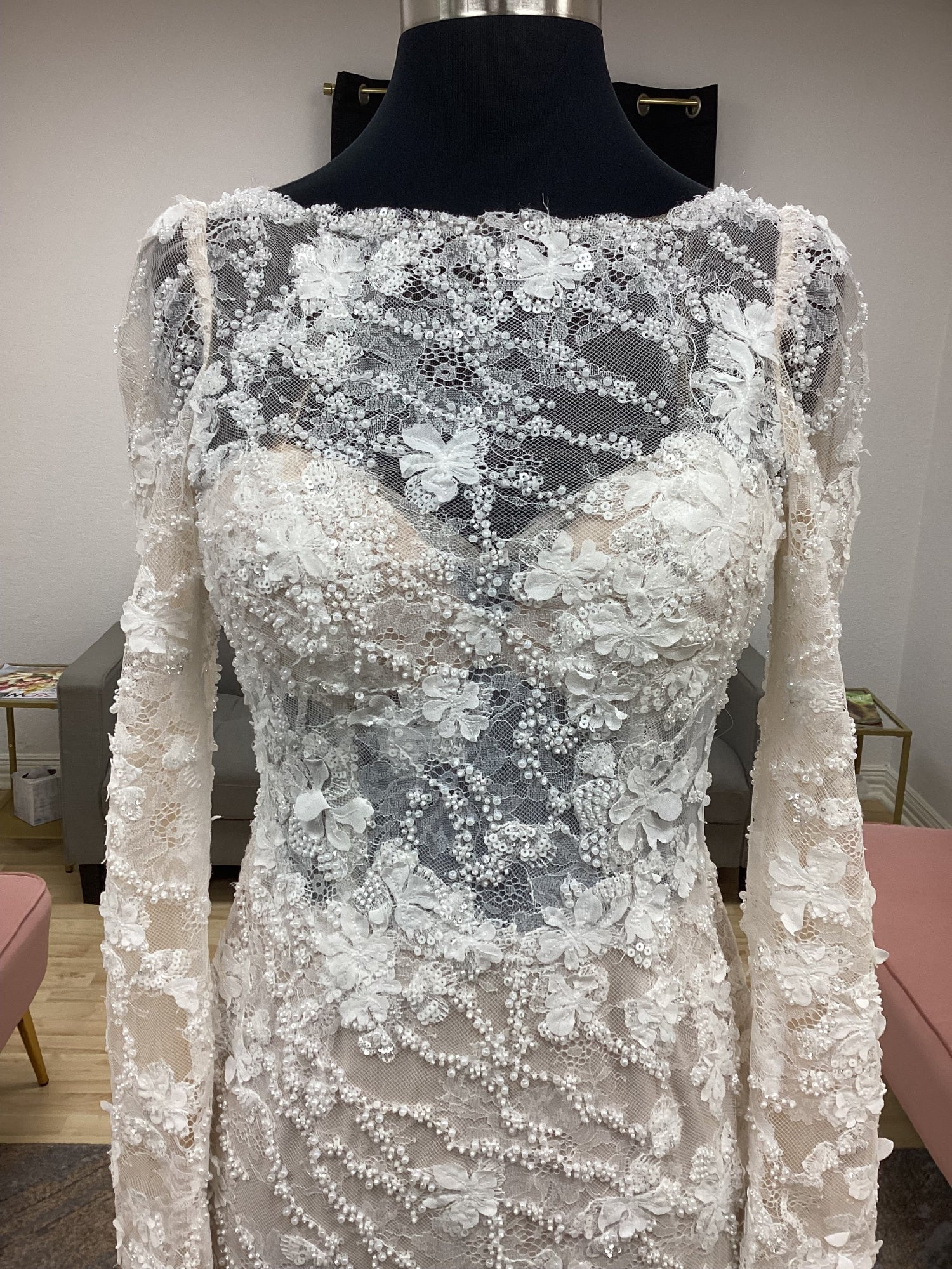 Lace long sleeve with boat neckline Wedding Dress