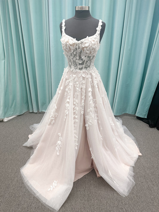 Amaryllis A-line Wedding Dress in Ivory/Cashmere, Size 12 — shimmering layered tulle, floral appliqués, soft romantic skirt