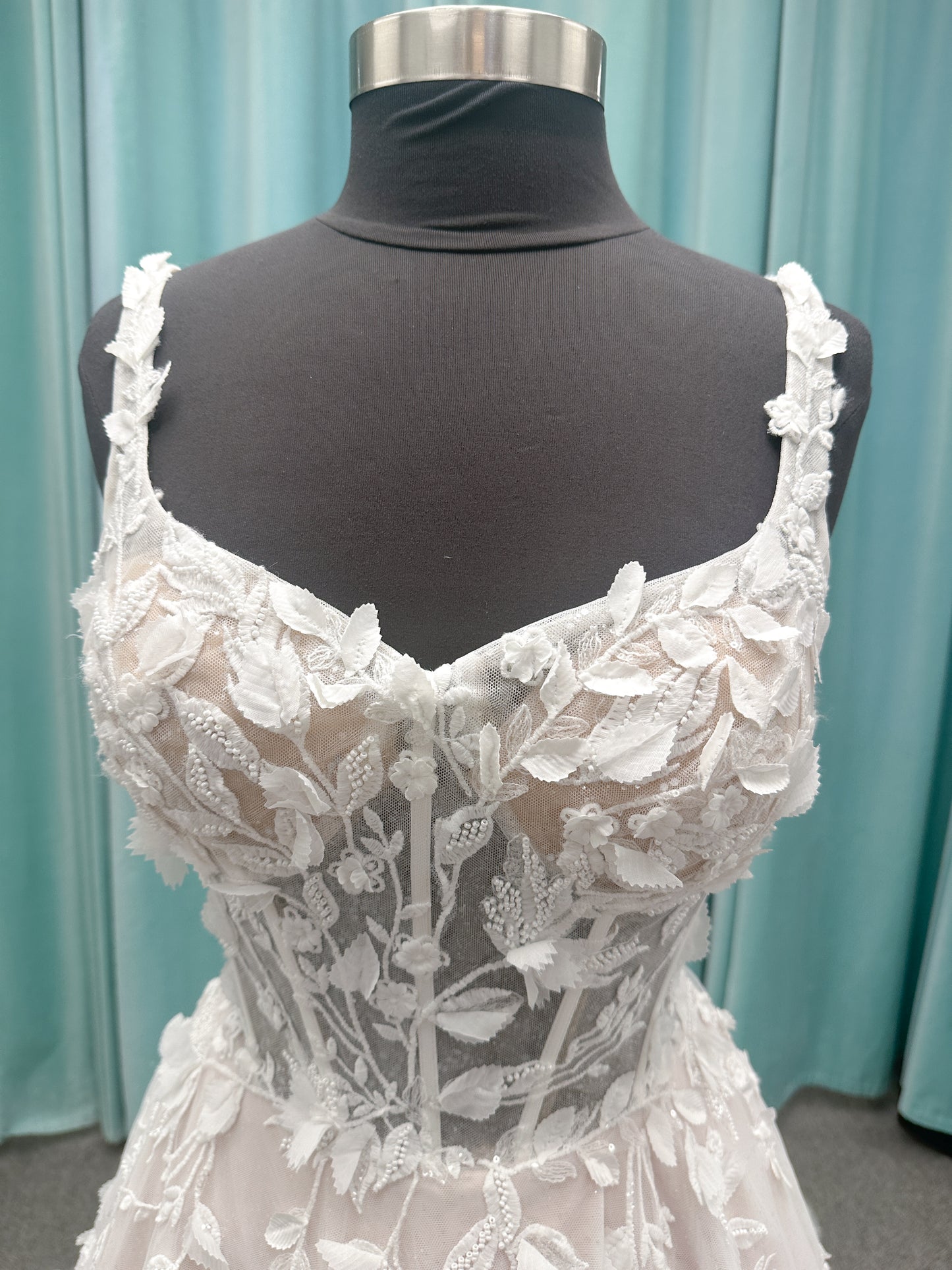 Amaryllis A-line Wedding Dress in Ivory/Cashmere, Size 12 — shimmering layered tulle, floral appliqués, soft romantic skirt