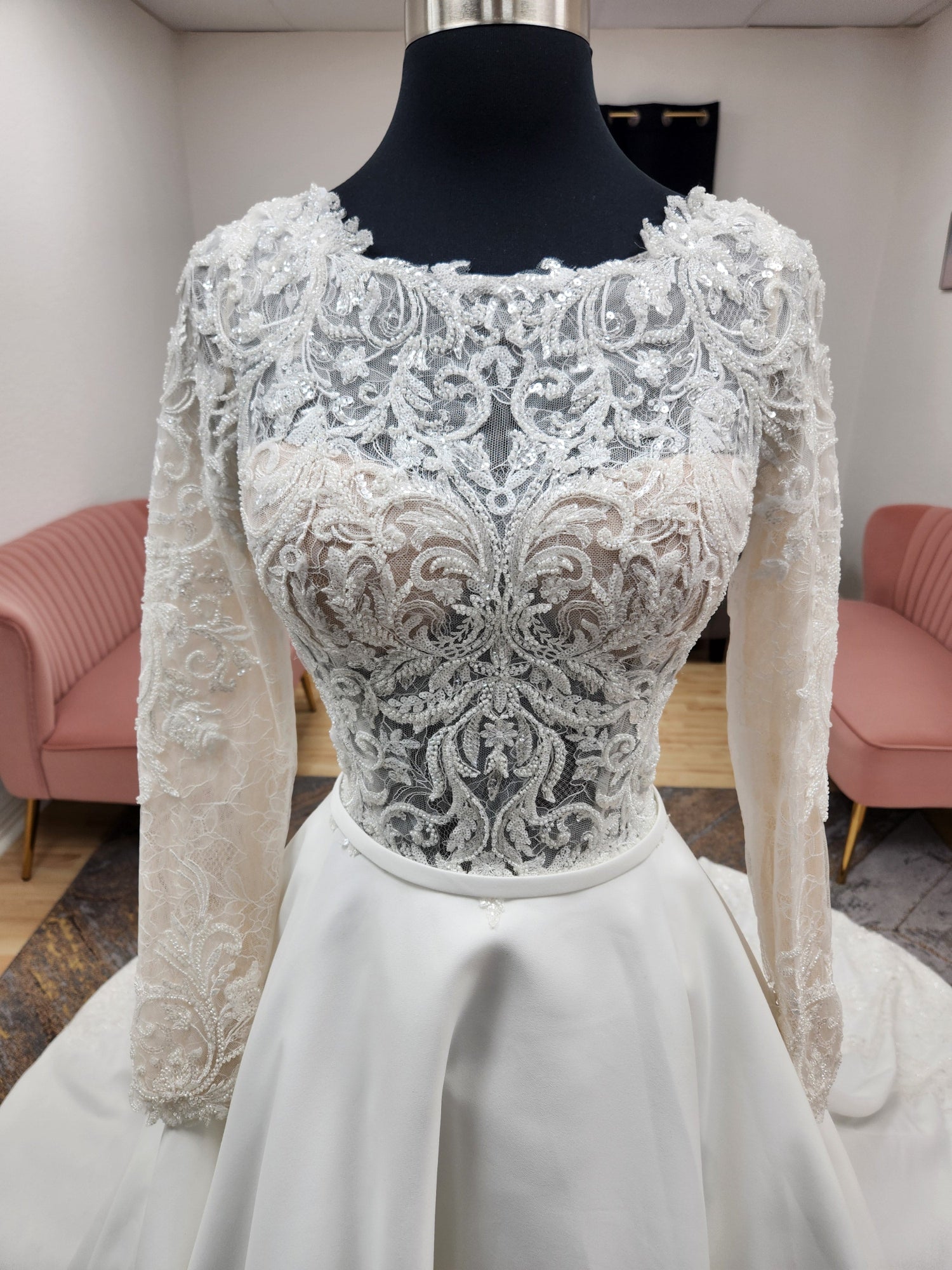 Aline Beaded Long Sleeve with Boat Neckline Wedding Dress