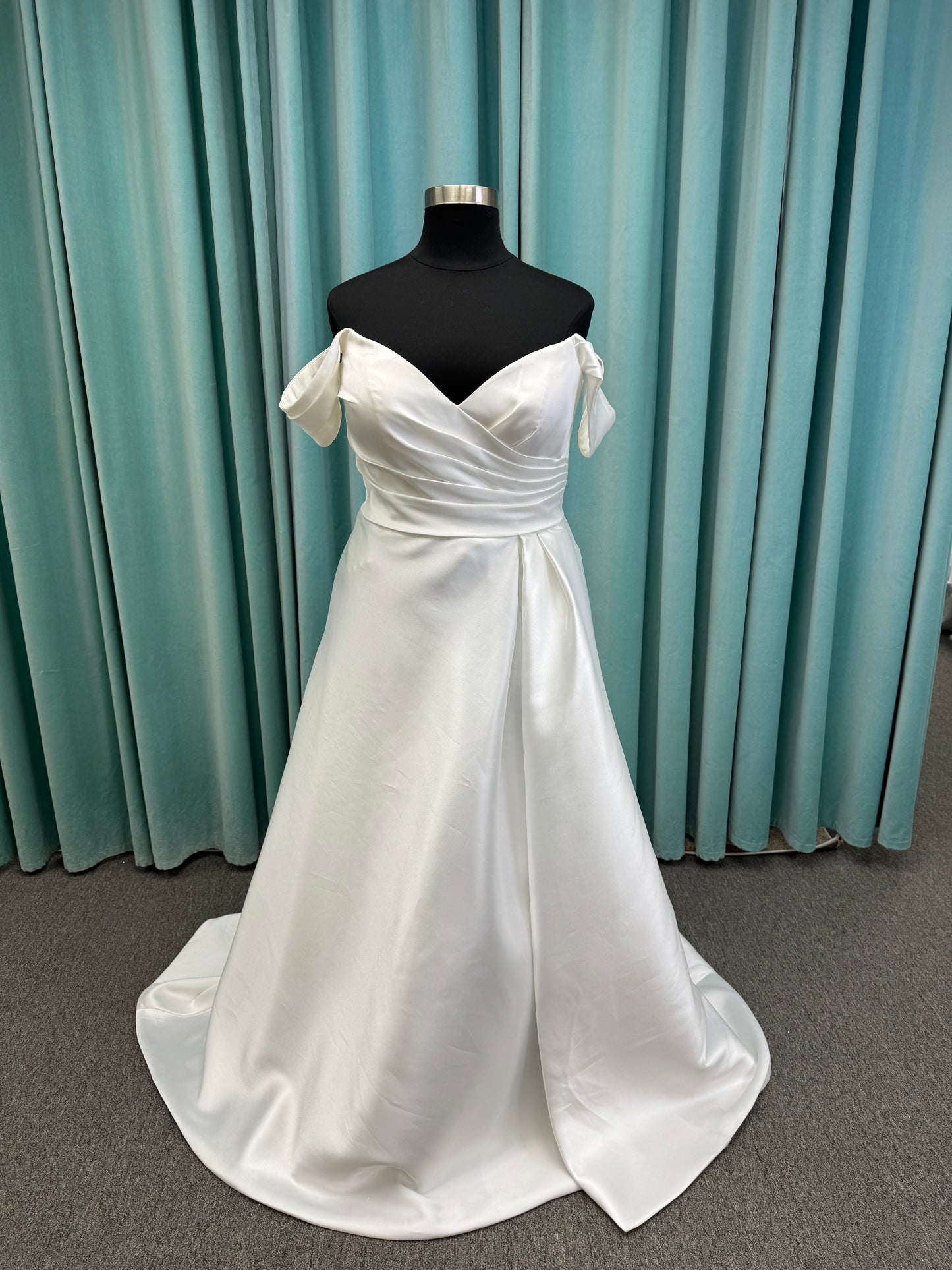Asteria Plus Size Off-the-Shoulder Sweetheart Satin A-Line Wedding Dress with Cathedral Train