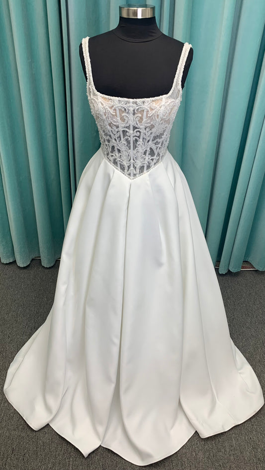 Aster Ballgown Wedding Dress in Ivory, Size 12 — lace bodice, square neckline, full ballgown skirt