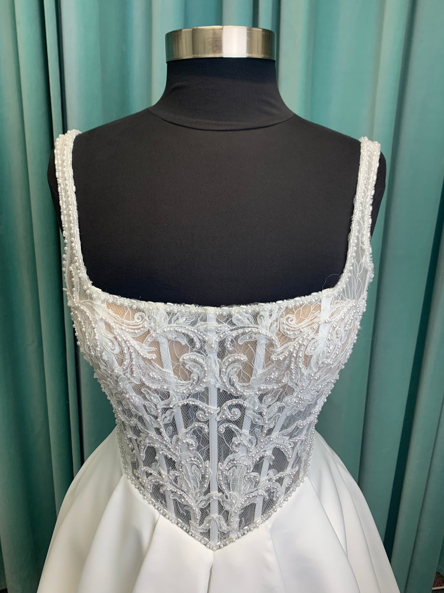 Aster Ballgown Wedding Dress in Ivory, Size 12 — lace bodice, square neckline, full ballgown skirt