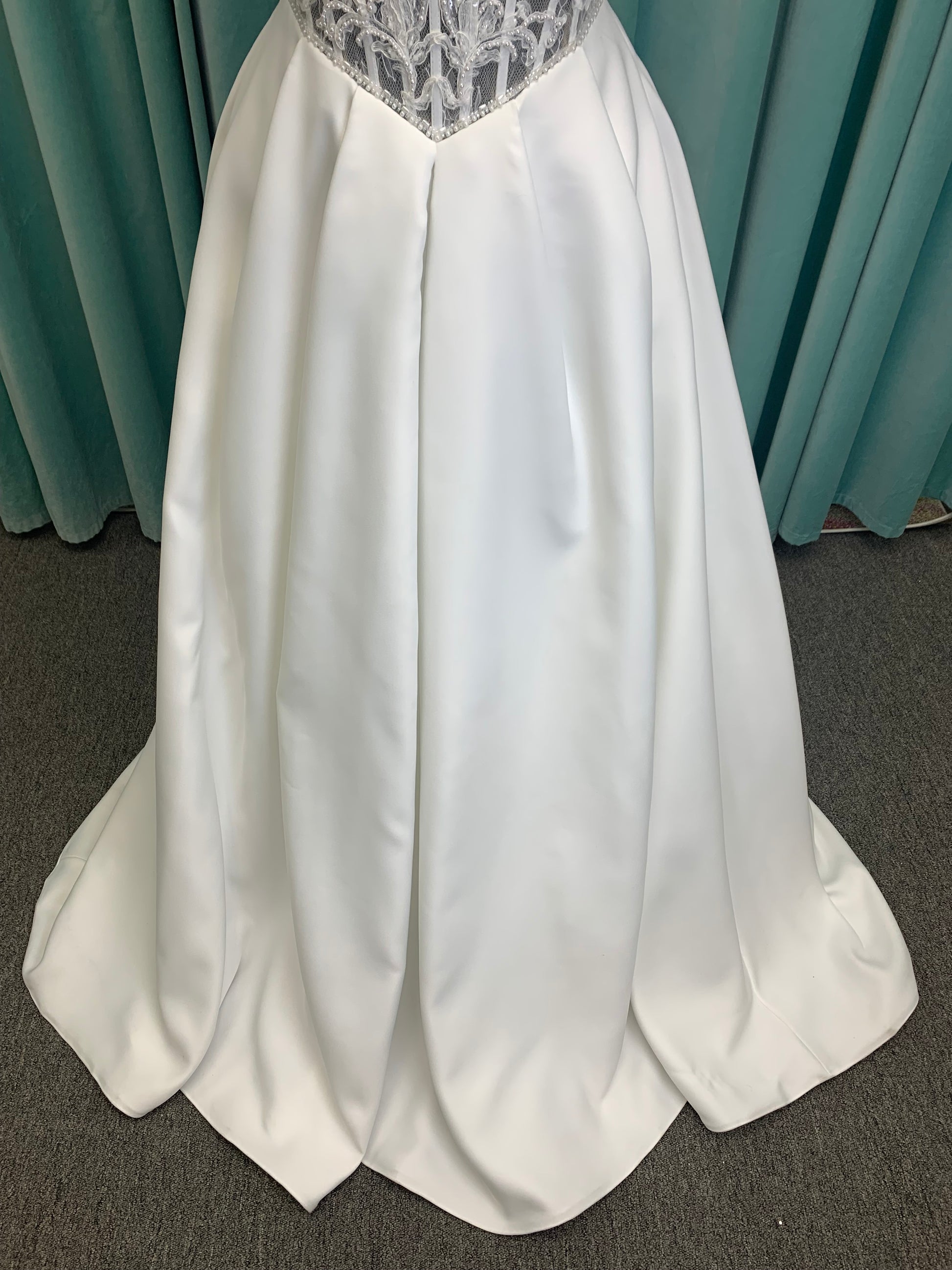 Aster Ballgown Wedding Dress in Ivory, Size 12 — lace bodice, square neckline, full ballgown skirt