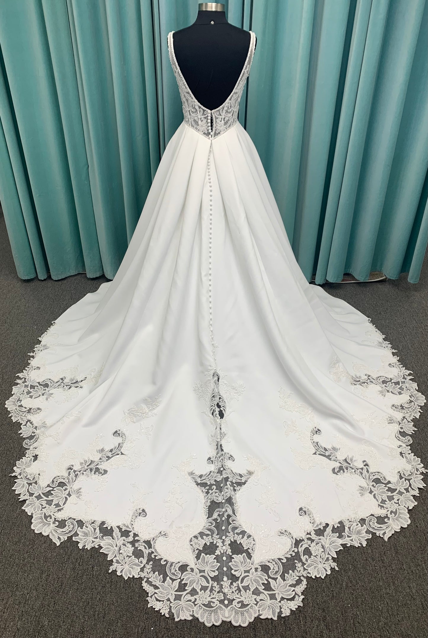 Aster Ballgown Wedding Dress in Ivory, Size 12 — lace bodice, square neckline, full ballgown skirt