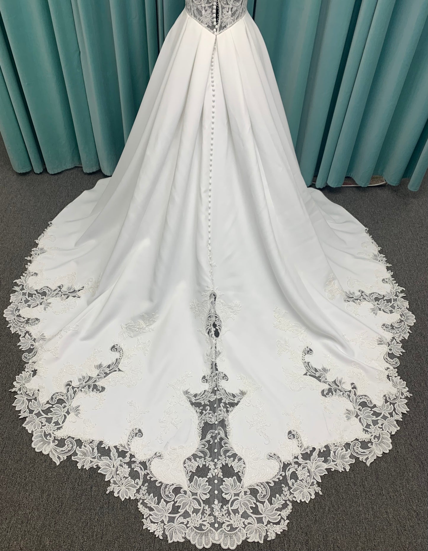 Aster Ballgown Wedding Dress in Ivory, Size 12 — lace bodice, square neckline, full ballgown skirt
