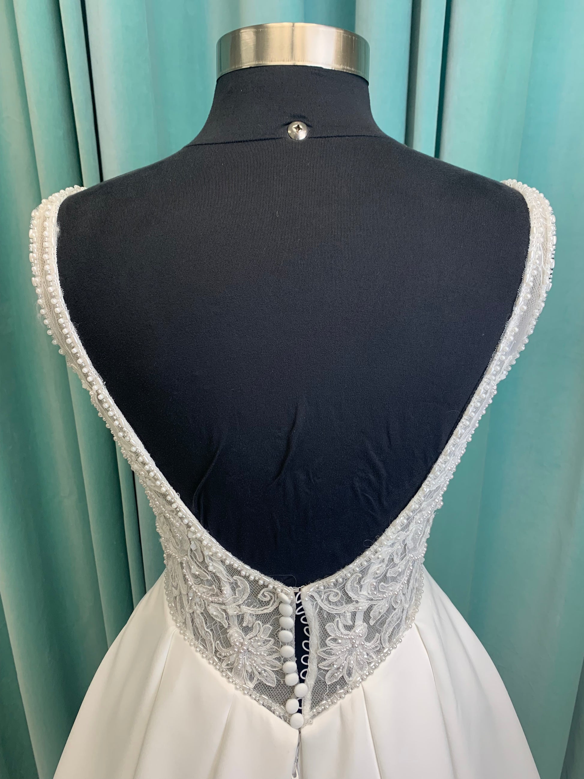 Aster Ballgown Wedding Dress in Ivory, Size 12 — lace bodice, square neckline, full ballgown skirt