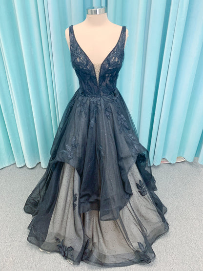 Bellatrix Ballgown Wedding Dress in Black/Nude, Size 14 — plunging V-neckline, V-back, dimensional lace appliqués
