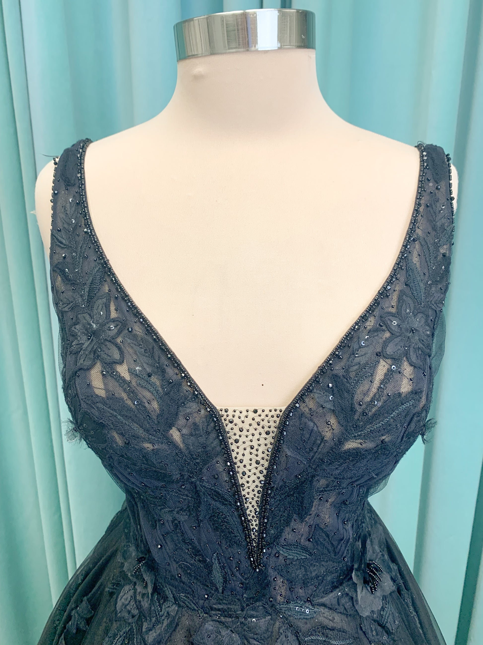 Bellatrix Ballgown Wedding Dress in Black/Nude, Size 14 — plunging V-neckline, V-back, dimensional lace appliqués