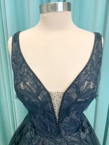 Bellatrix Ballgown Wedding Dress in Black/Nude, Size 14 — plunging V-neckline, V-back, dimensional lace appliqués