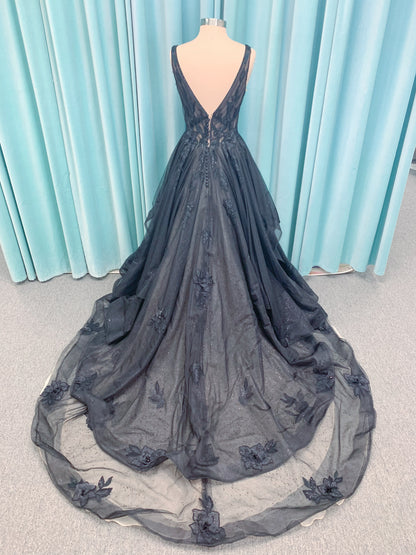 Bellatrix Ballgown Wedding Dress in Black/Nude, Size 14 — plunging V-neckline, V-back, dimensional lace appliqués