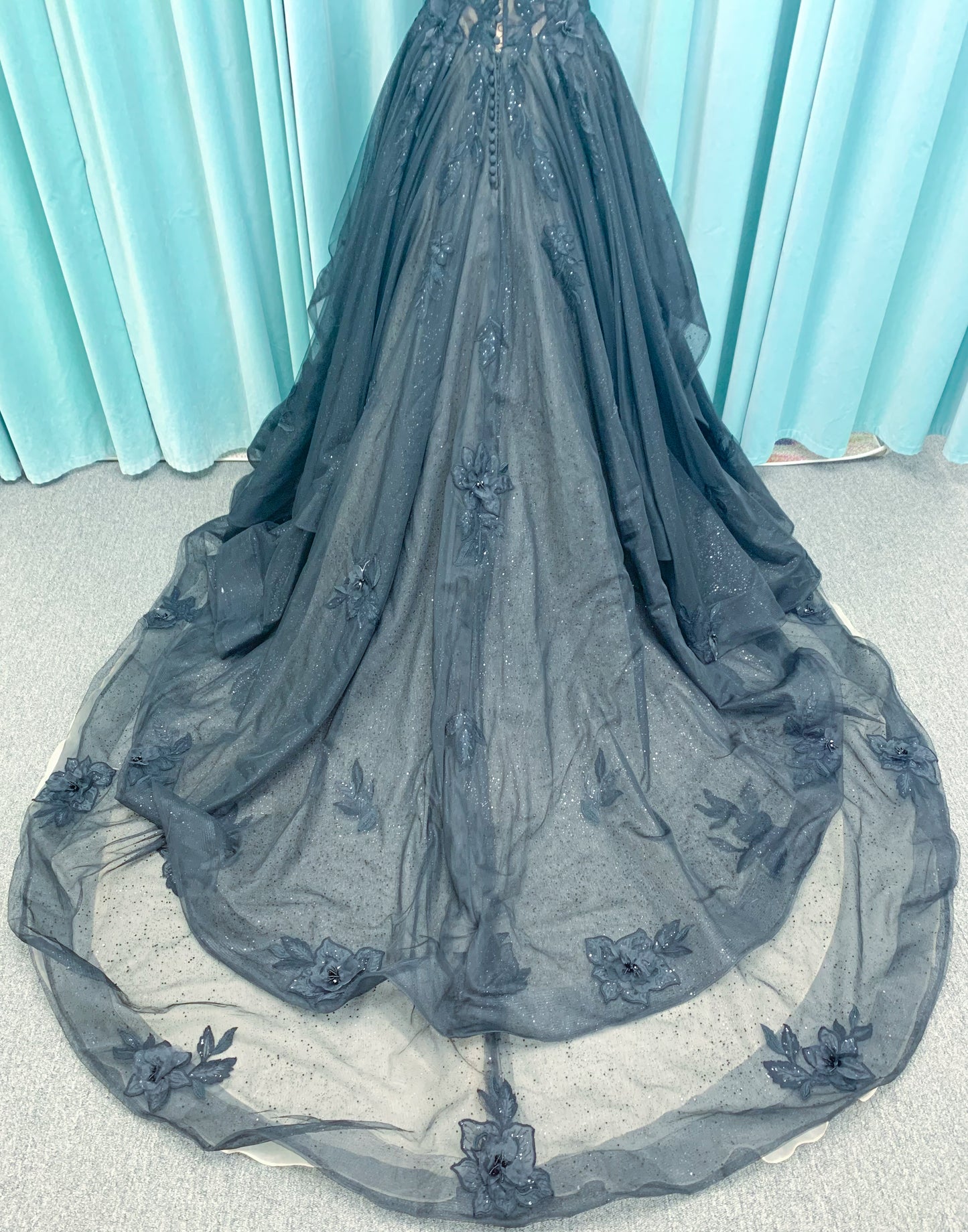Bellatrix Ballgown Wedding Dress in Black/Nude, Size 14 — plunging V-neckline, V-back, dimensional lace appliqués