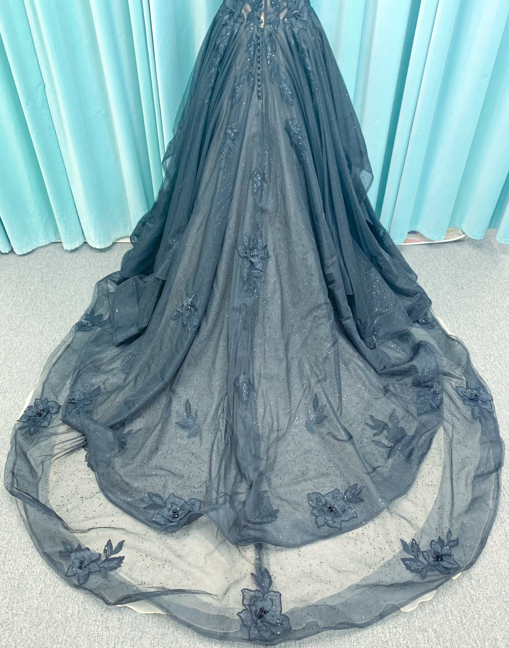 Bellatrix Ballgown Wedding Dress in Black/Nude, Size 14 — plunging V-neckline, V-back, dimensional lace appliqués