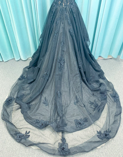 Bellatrix Ballgown Wedding Dress in Black/Nude, Size 14 — plunging V-neckline, V-back, dimensional lace appliqués
