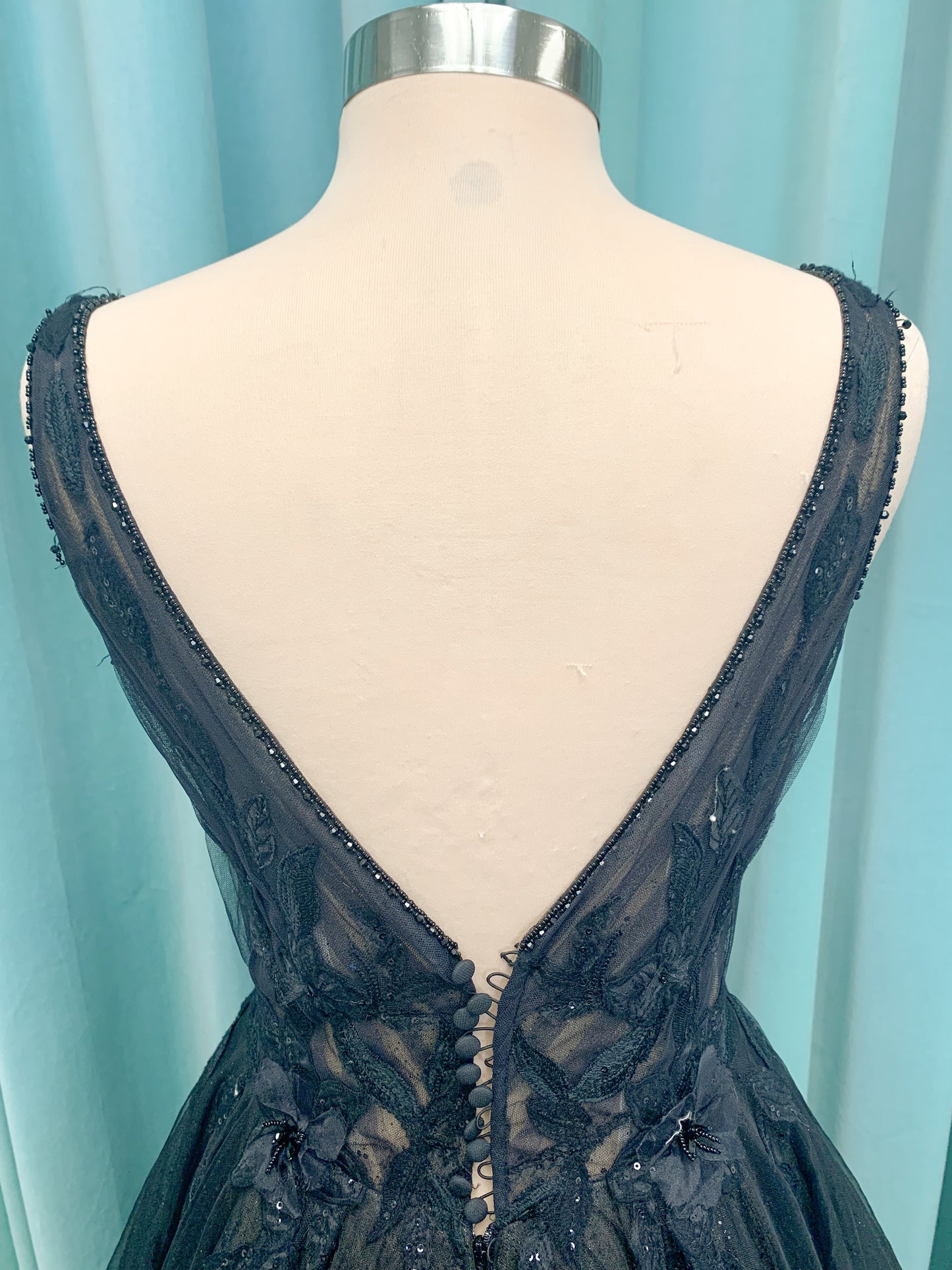 Bellatrix Ballgown Wedding Dress in Black/Nude, Size 14 — plunging V-neckline, V-back, dimensional lace appliqués