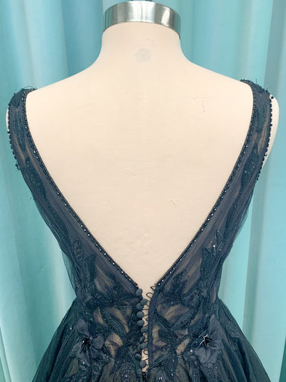Bellatrix Ballgown Wedding Dress in Black/Nude, Size 14 — plunging V-neckline, V-back, dimensional lace appliqués